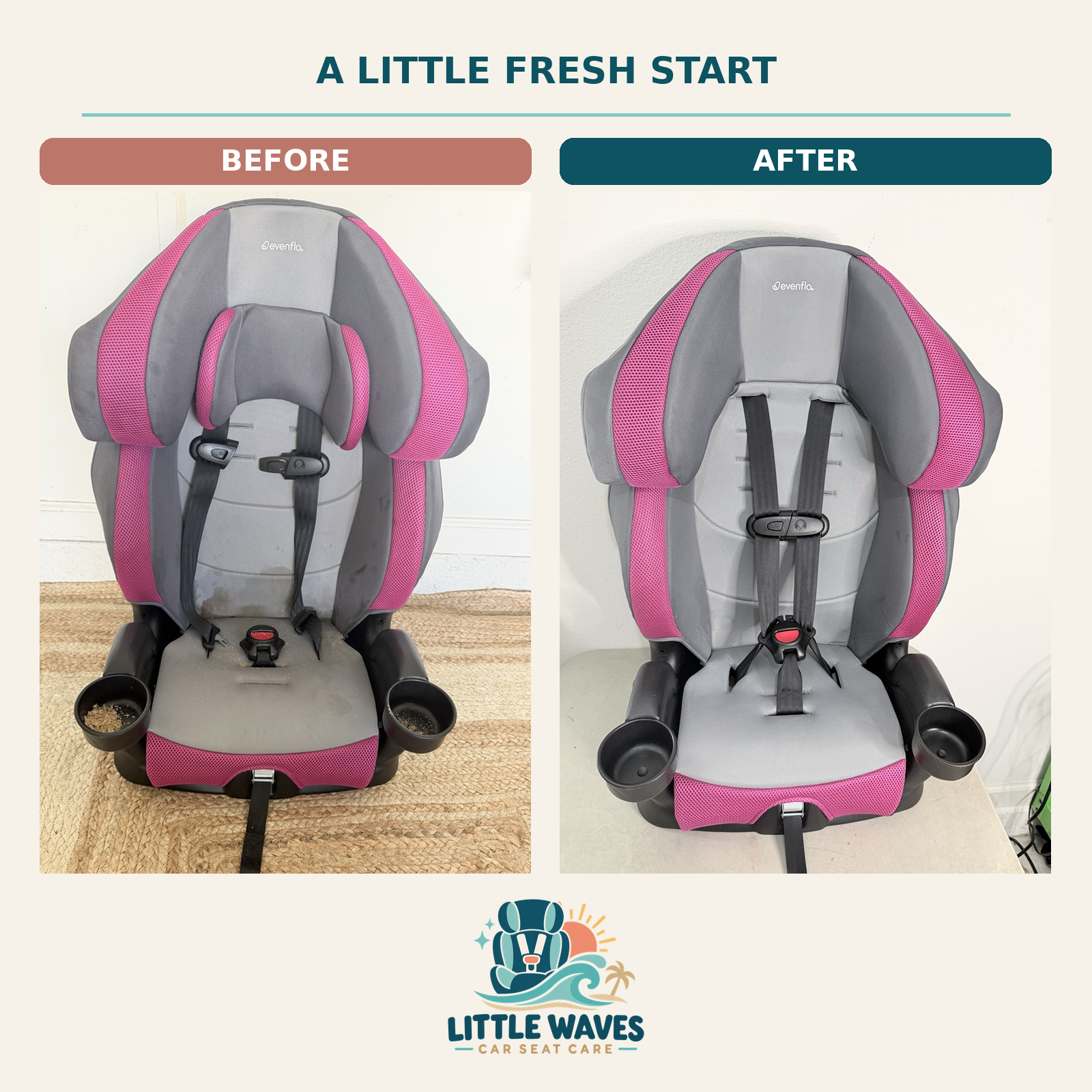 Before and after cleaning of a pink and gray Evenflo car seat