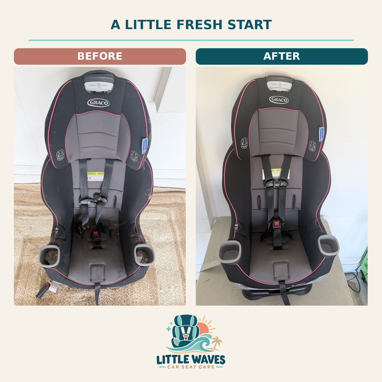 Before and after cleaning of a black and pink Graco car seat